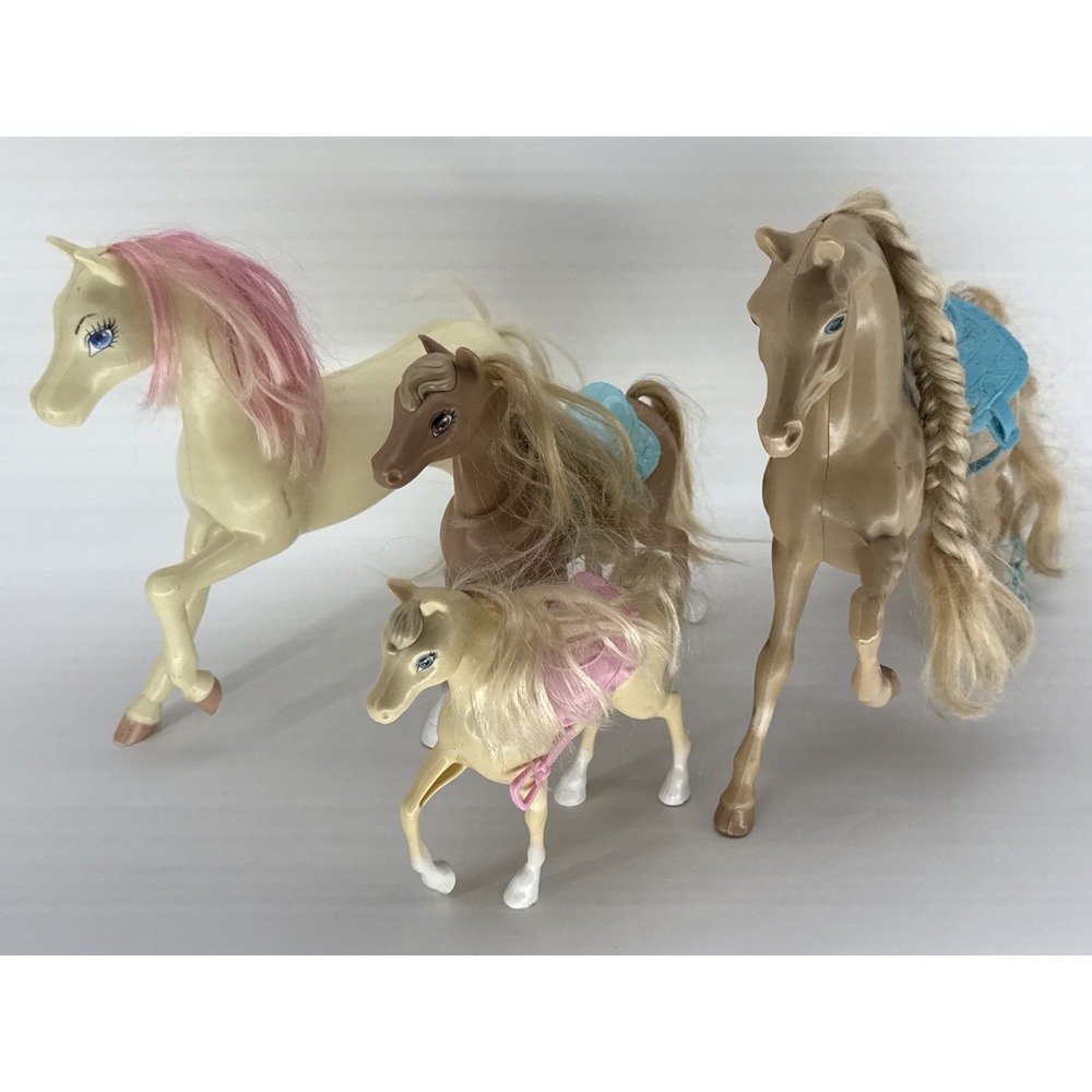 Lot of 4 Toy Horse with Pink Mane & Blue Saddle & Yellow Body & Braided